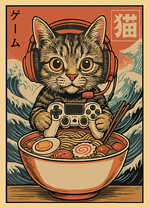 Gaming Cat Ramen Poster, Cute Japanese Art Wall Print, Anime Food Lover Room Decor