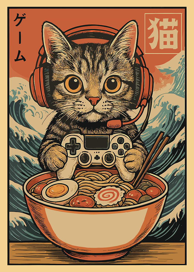 Gaming Cat Ramen Poster, Cute Japanese Art Wall Print, Anime Food Lover Room Decor