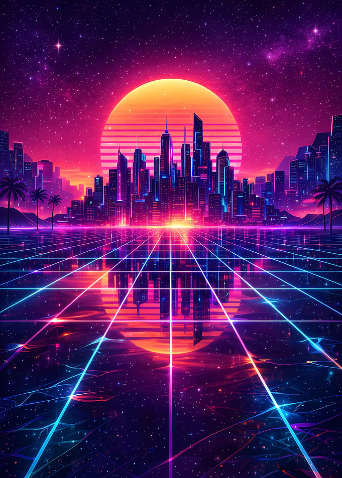 Synthwave Cityscape with Grid and Sunset