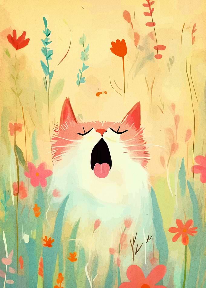 Yawning Cat in Floral Meadow