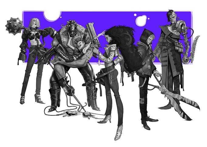Fantasy Gang Illustration with Purple Backdrop