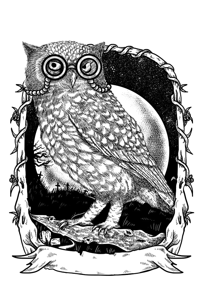 Owl with Glasses Black and White