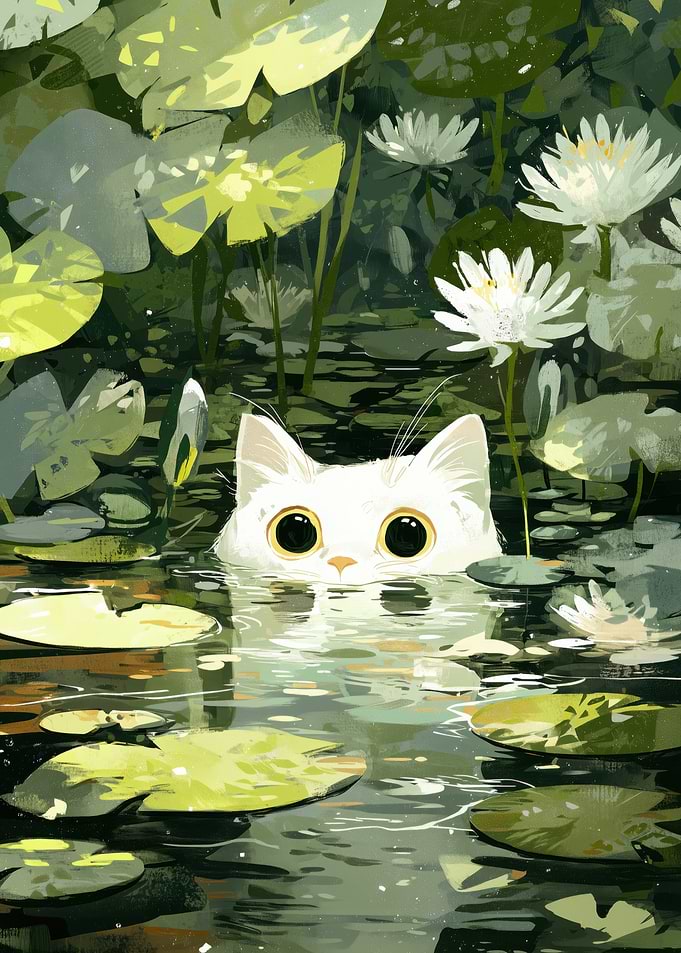 Cat in Lily Pond