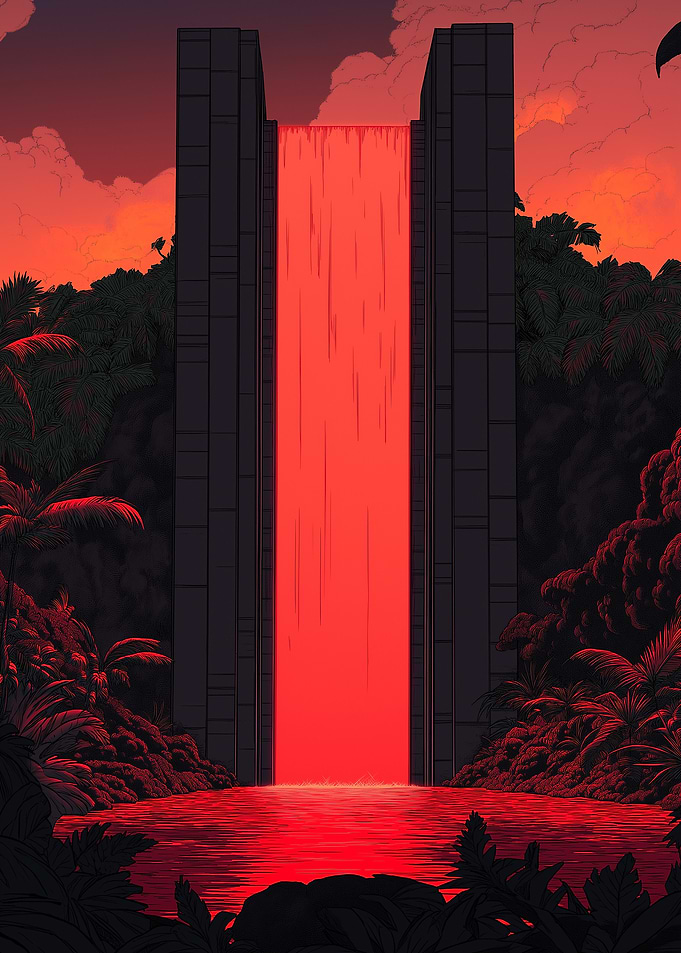 Red Waterfall in Jungle Landscape