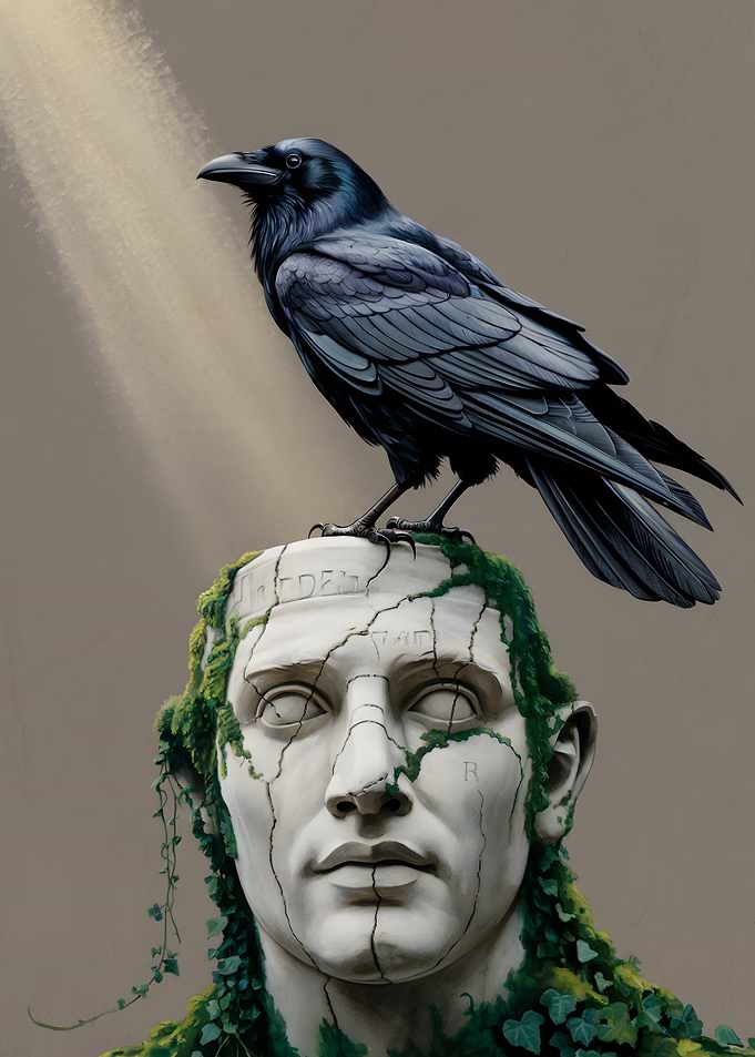 Raven Perched on Ancient Statue Head