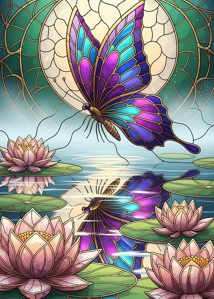 Butterfly and Lotus Flowers Stained Glass