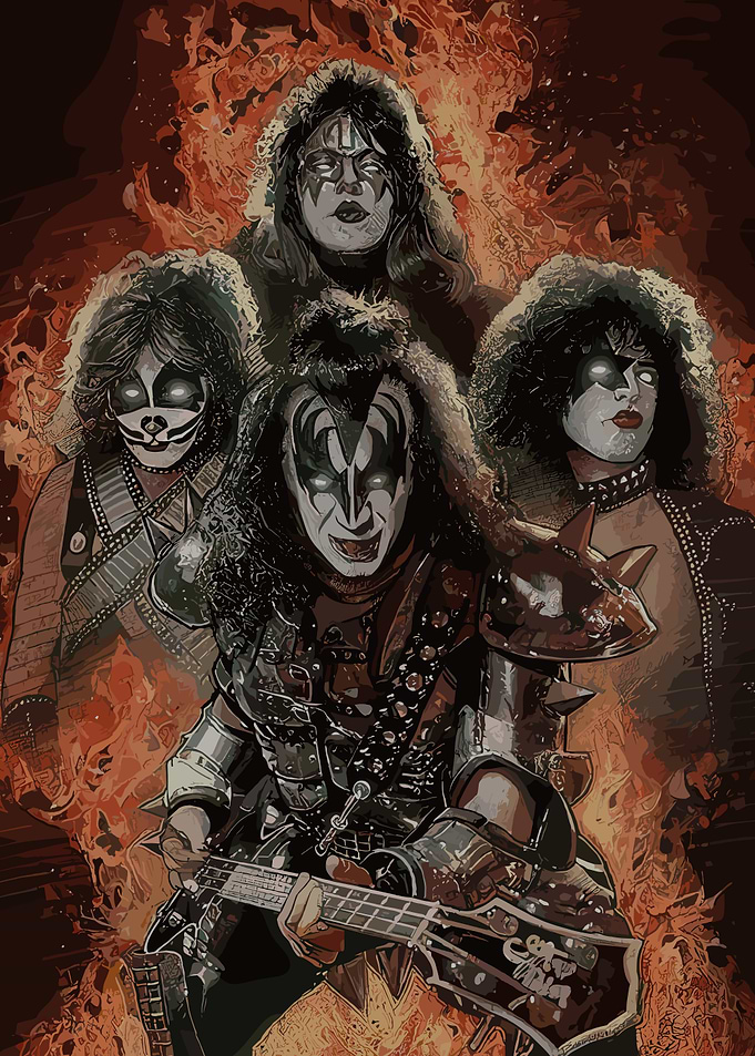 KISS Band Illustration with Fire Background