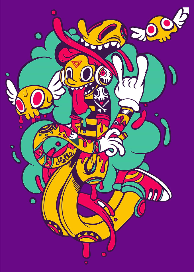 Cartoon Character with Skulls and Hand Sign