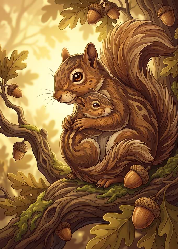 Squirrel Mother and Baby in Tree