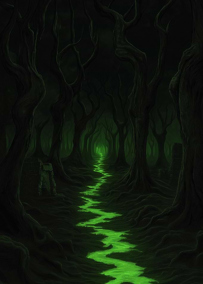 Eerie Green Path Through Dark Forest