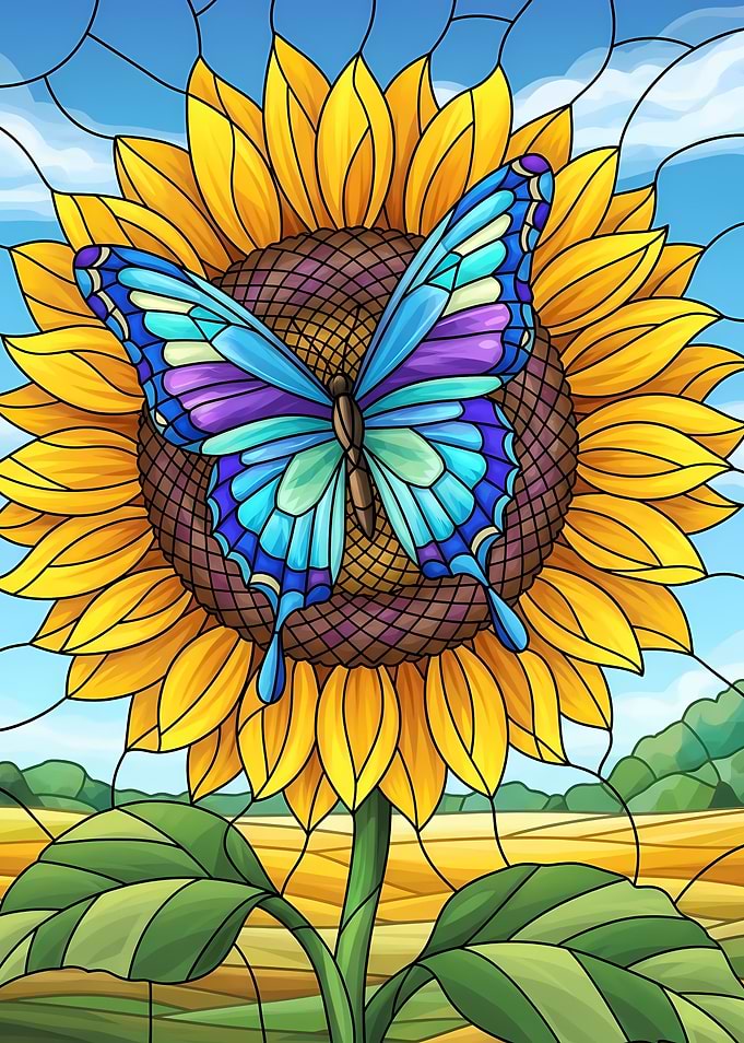 Butterfly on Sunflower in Stained Glass Style
