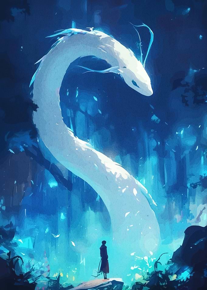 Dragon and Figure in Blue Landscape