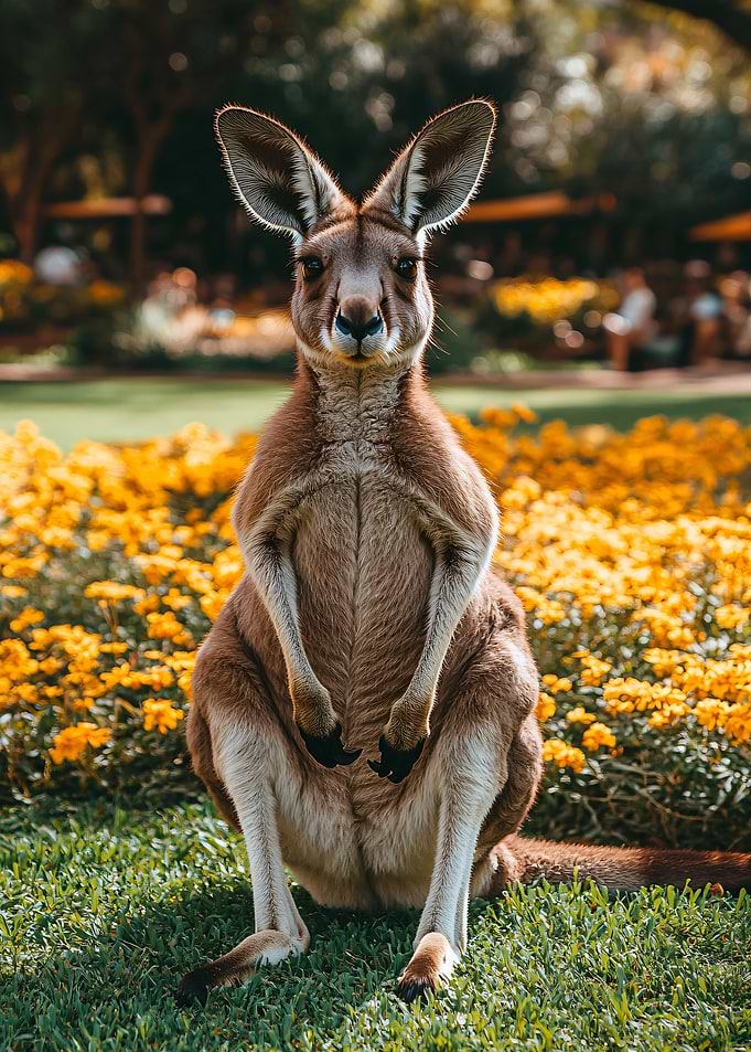 Kangaroo portrait in a flower garden