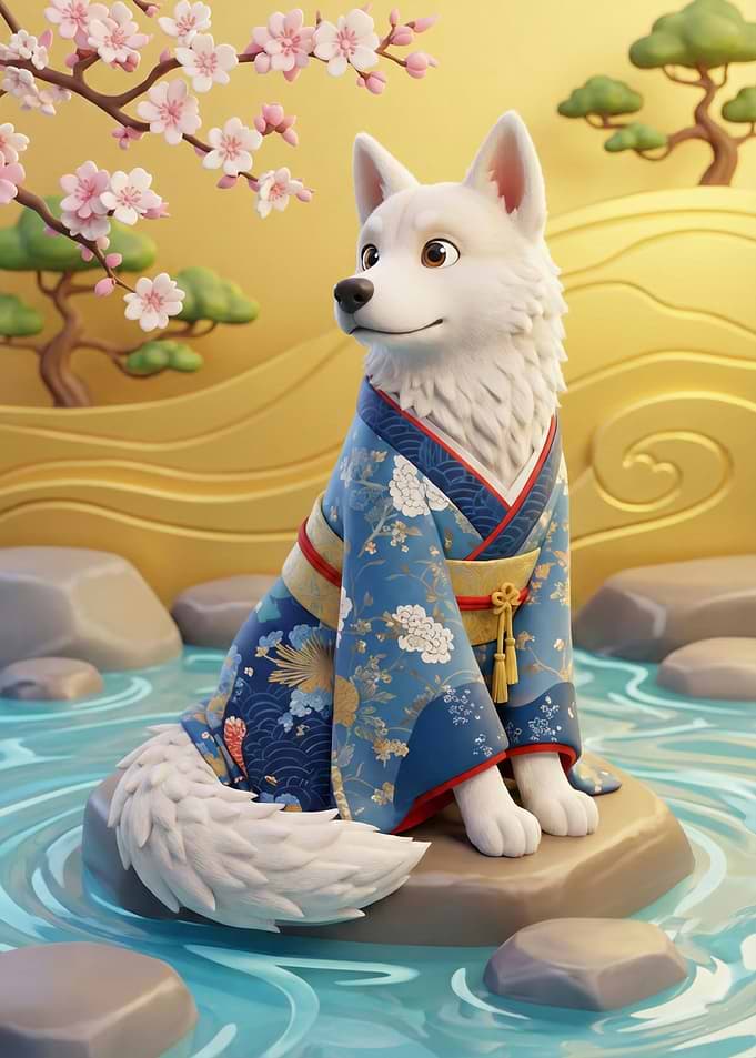 Dog in Kimono with Cherry Blossoms