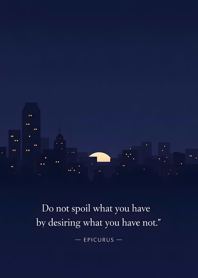 Epicurus Quote with Cityscape Silhouette