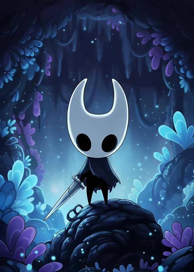 Hollow Knight in a Glowing Cave