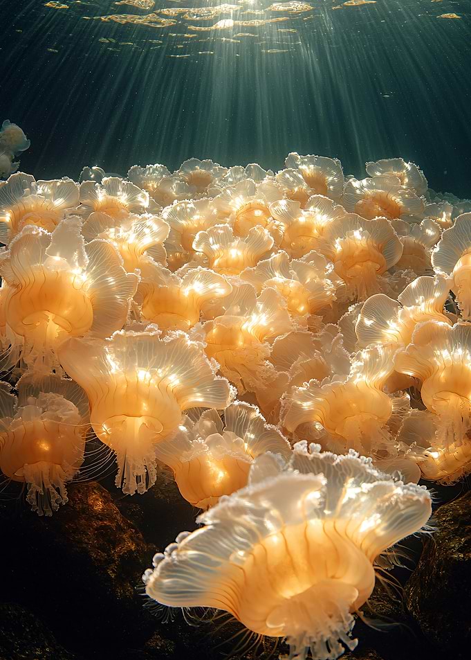 Underwater Jellyfish Bloom with Sun Rays