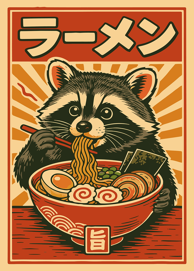 Raccoon Ramen Poster, Funny Japanese Food Wall Art, Cute Animal Noodle Illustration Print
