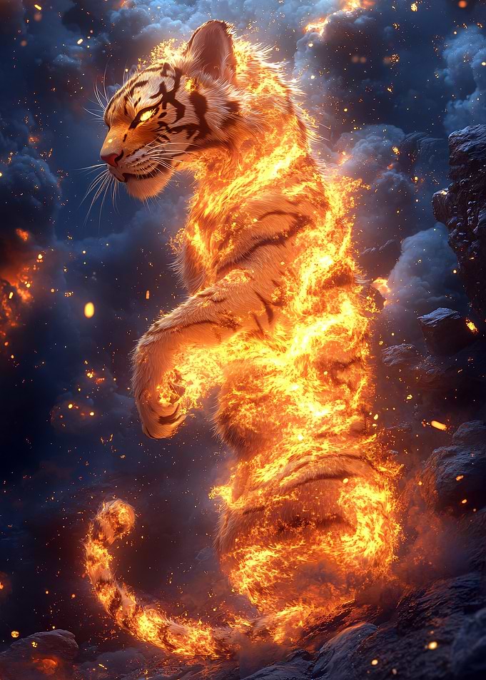 Fiery Tiger Standing Amidst Smoky Landscape