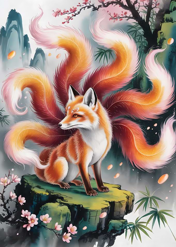 Nine-tailed Fox in Asian Landscape