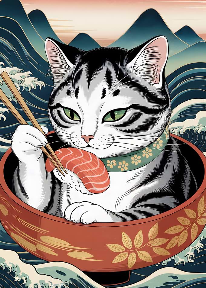 Cat eating sushi in Japanese style