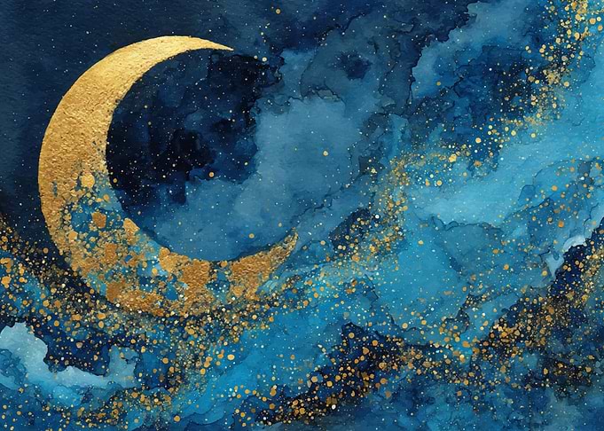 Golden Moon Watercolor Night Sky