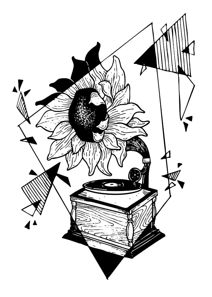 Sunflower and Gramophone Black and White Art