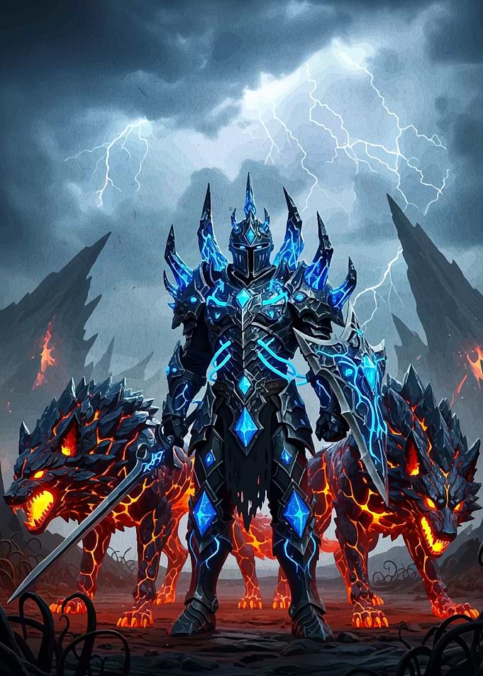 Knight with Lava Wolves in Storm