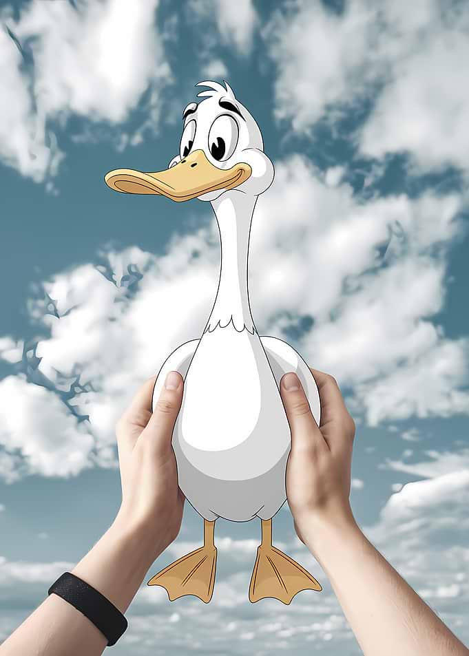 Cartoon Duck Held in Hands