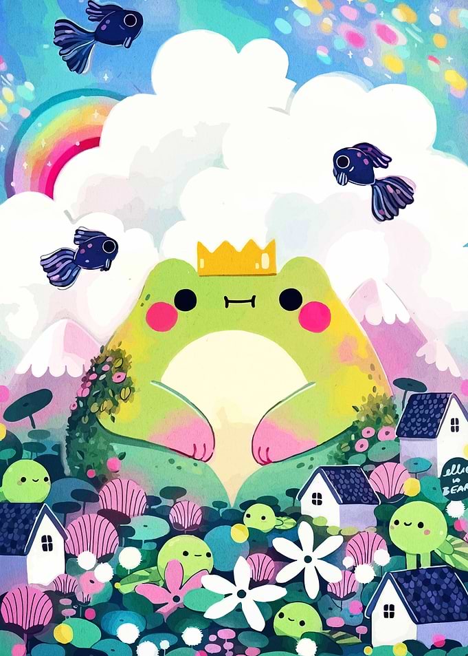 Frog King in Whimsical Landscape
