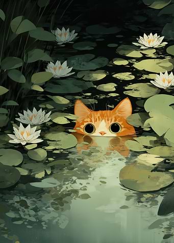 Cat in Lily Pond