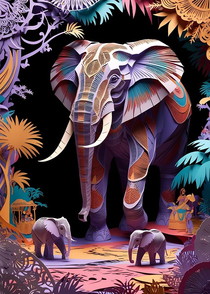 Papercut Elephant Family in Jungle