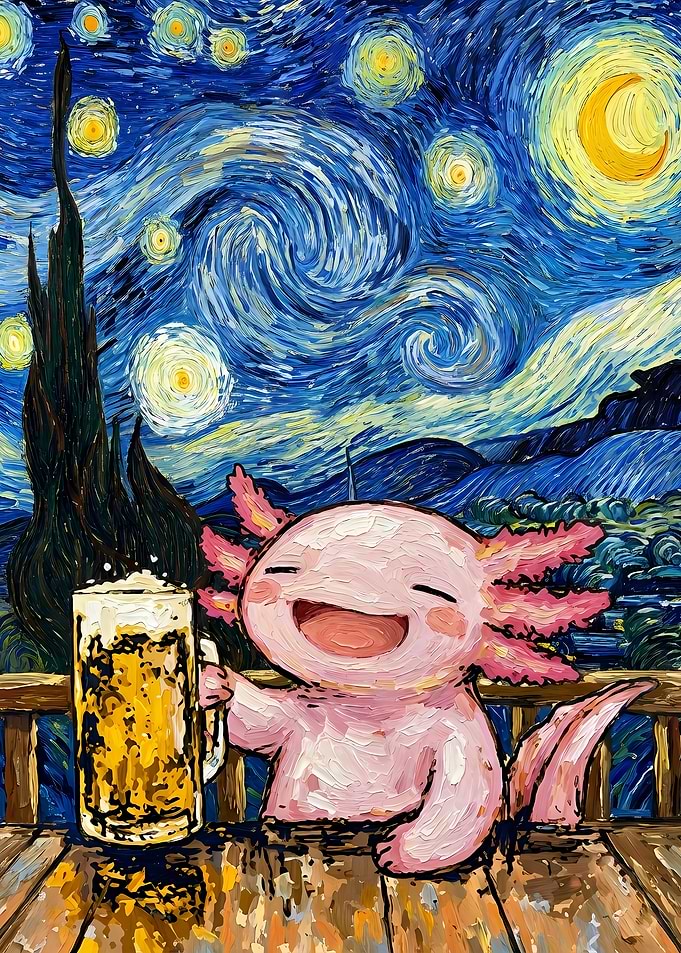 Axolotl Drinking Beer Starry Night Painting