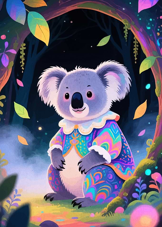 Whimsical Koala in Colorful Forest