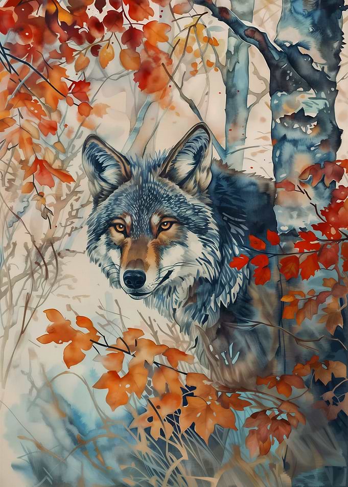 Watercolor Wolf in Autumn Forest