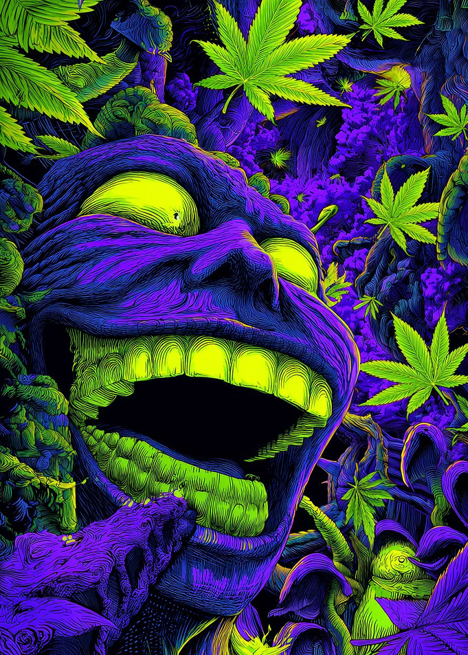 Psychedelic Neon Face with Marijuana Leaves