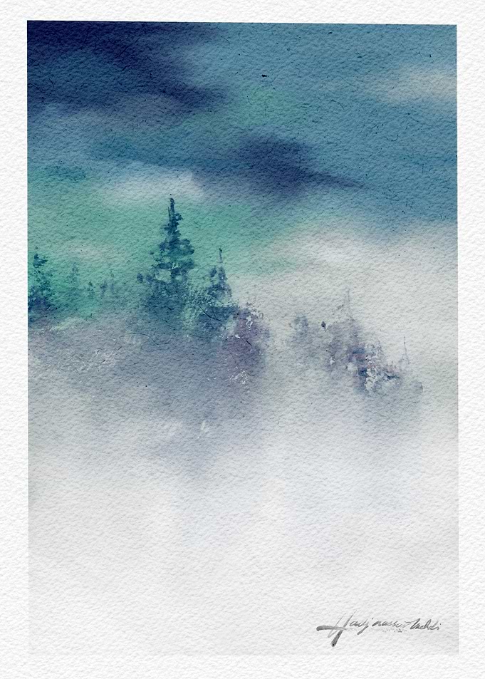 Watercolor Misty Forest Landscape Painting