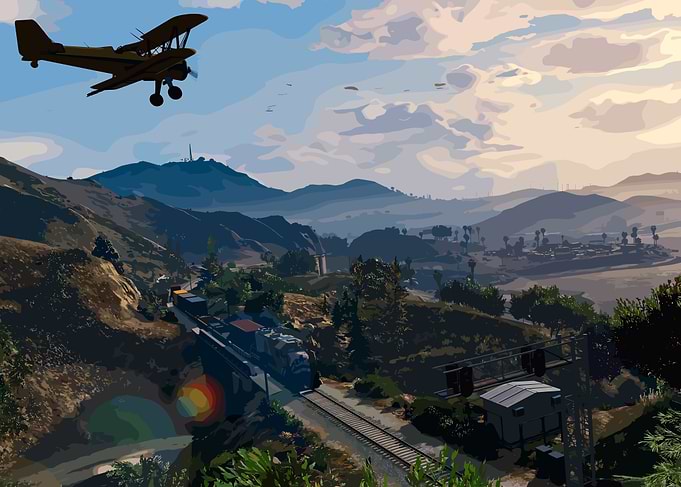 Biplane over Train in Mountainous Landscape