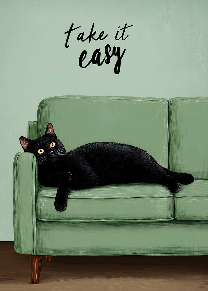 Black cat lounging on green sofa