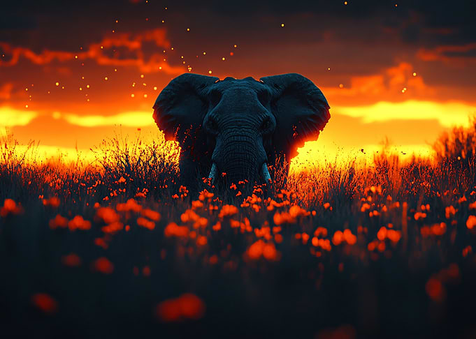 Elephant in Field at Sunset