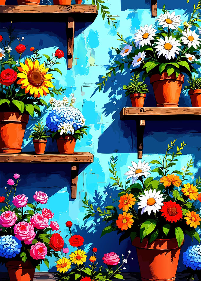 Floral Pots on Shelves
