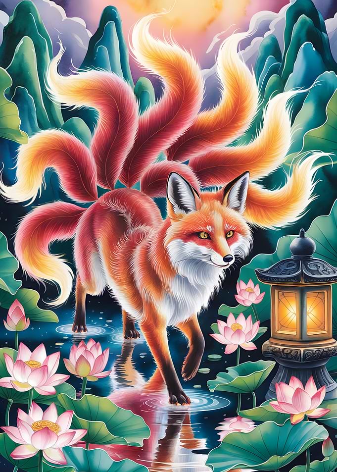 Nine-tailed Fox in Lotus Pond