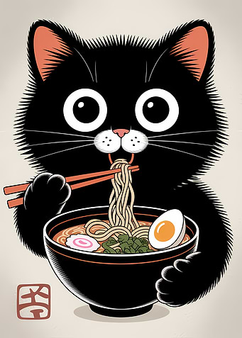 Black Cat Eating Ramen Illustration