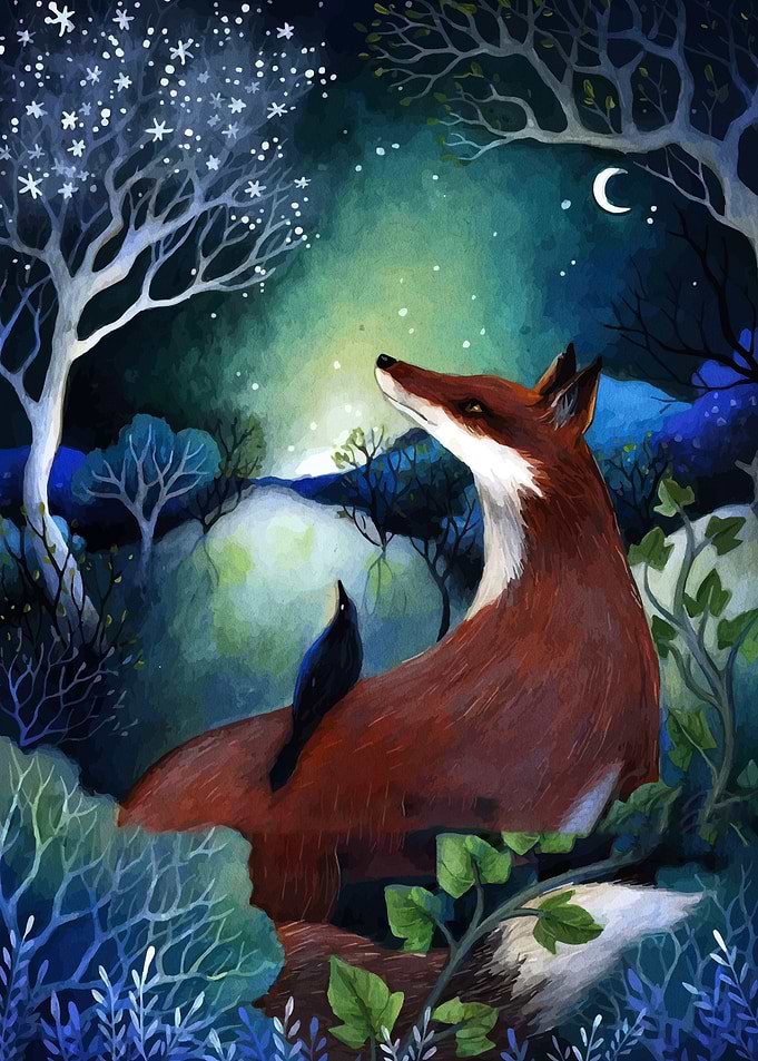 Fox and Bird Under Starry Sky