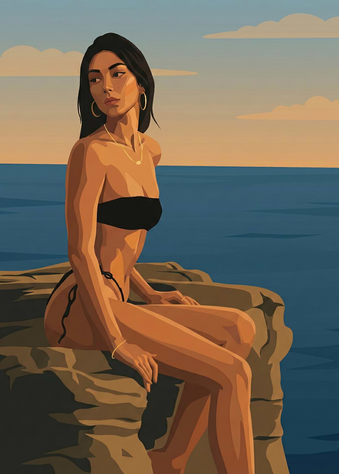 Woman in bikini on rocky coast