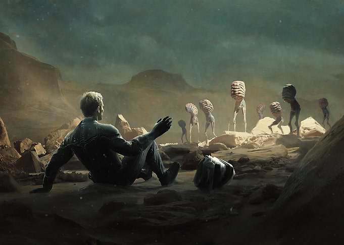 Astronaut and Aliens on a Distant Planet
