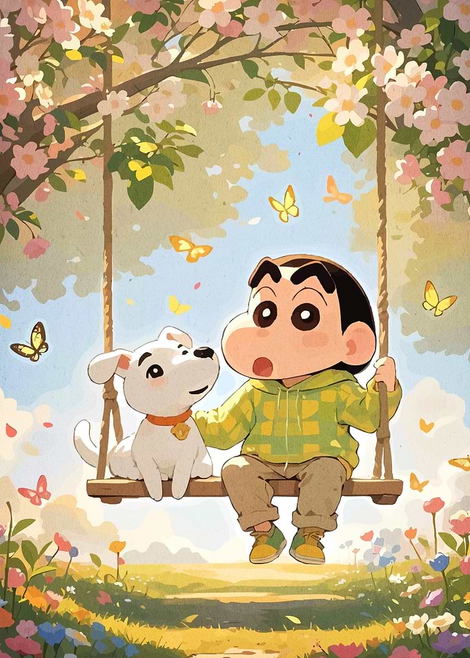 Shinchan and Shiro on a swing