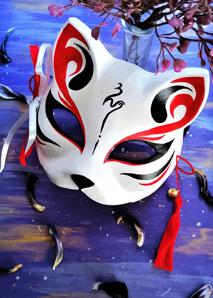 Kitsune Mask with Floral Arrangement