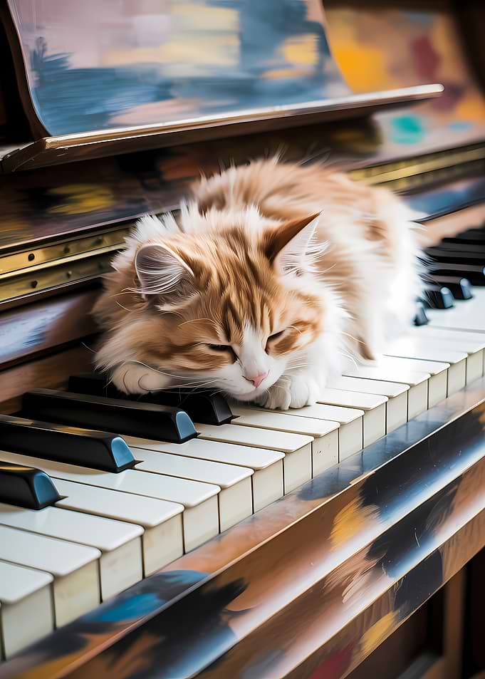 Sleeping cat on piano keys