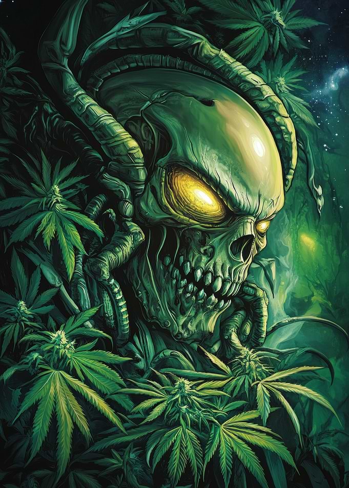 Alien Skull Surrounded by Cannabis Plants